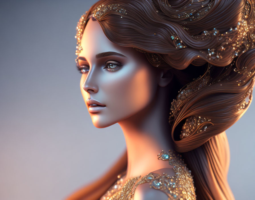 Elaborate golden hair digital artwork of a woman.