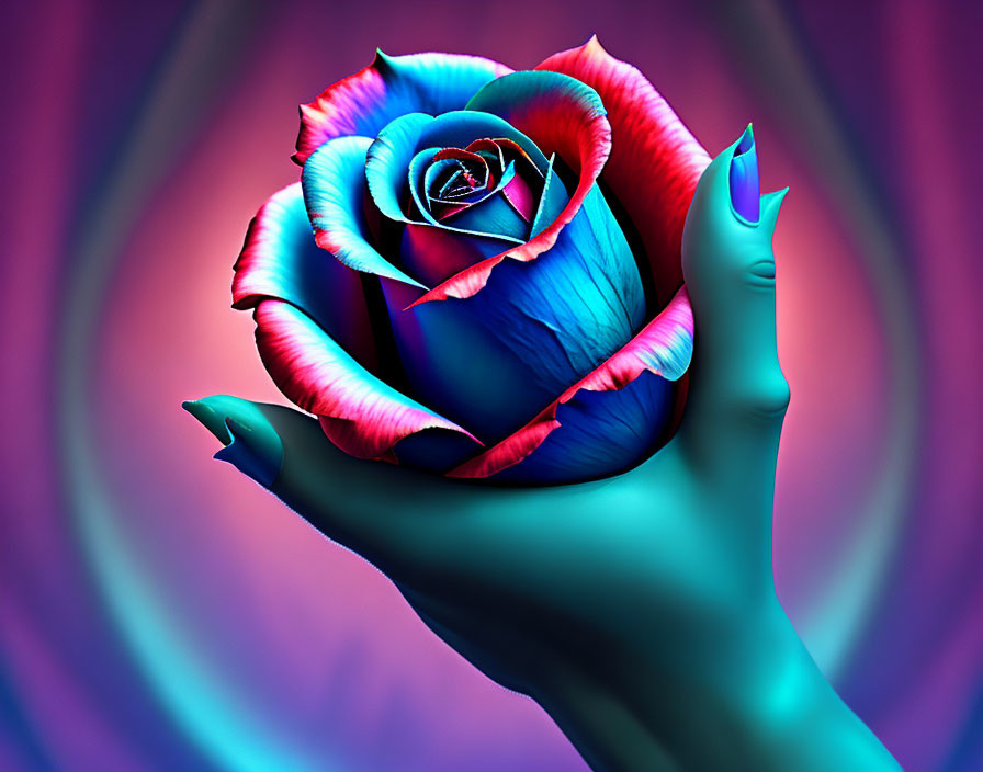 Gradient hand holding vibrant rose with color transition on blurry background