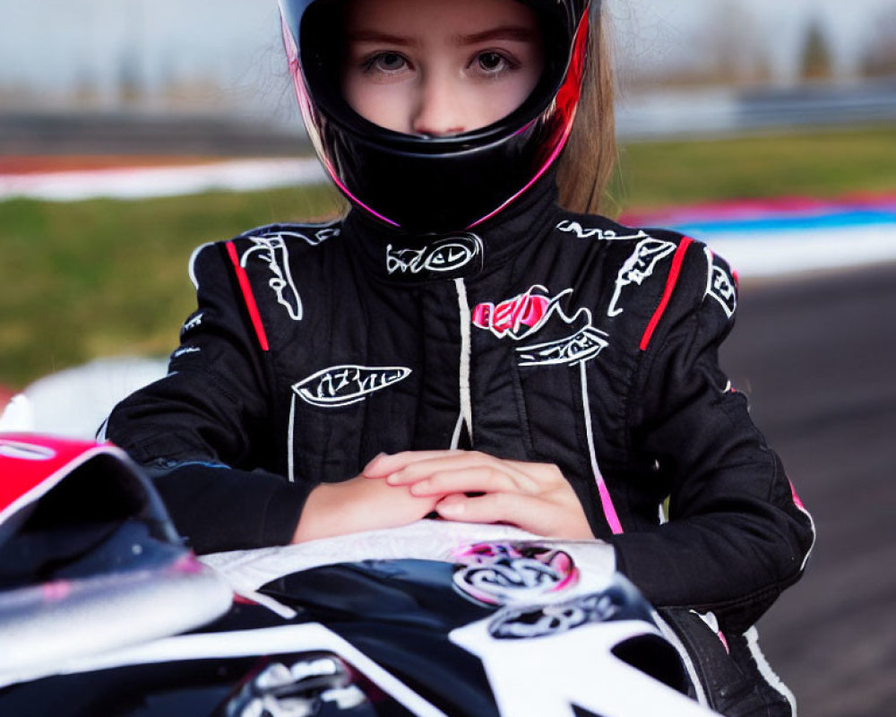 Young girl in pink racing suit and helmet with go-kart on racetrack