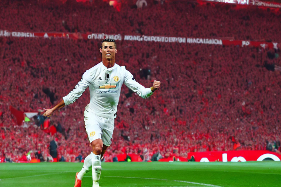 Soccer player in white kit celebrates with cheering crowd