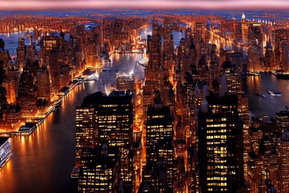 City skyline at dusk with illuminated skyscrapers and water reflections.