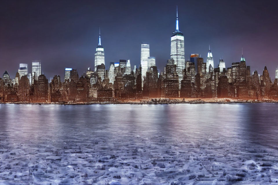 City skyline with illuminated skyscrapers reflected on frozen water