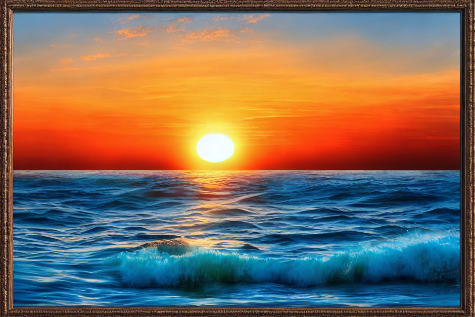 Vibrant ocean sunset with waves, sun, orange and blue sky hues in ornate frame