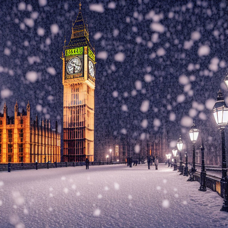 Snowflakes falling around illuminated Big Ben and Houses of Parliament in London at night