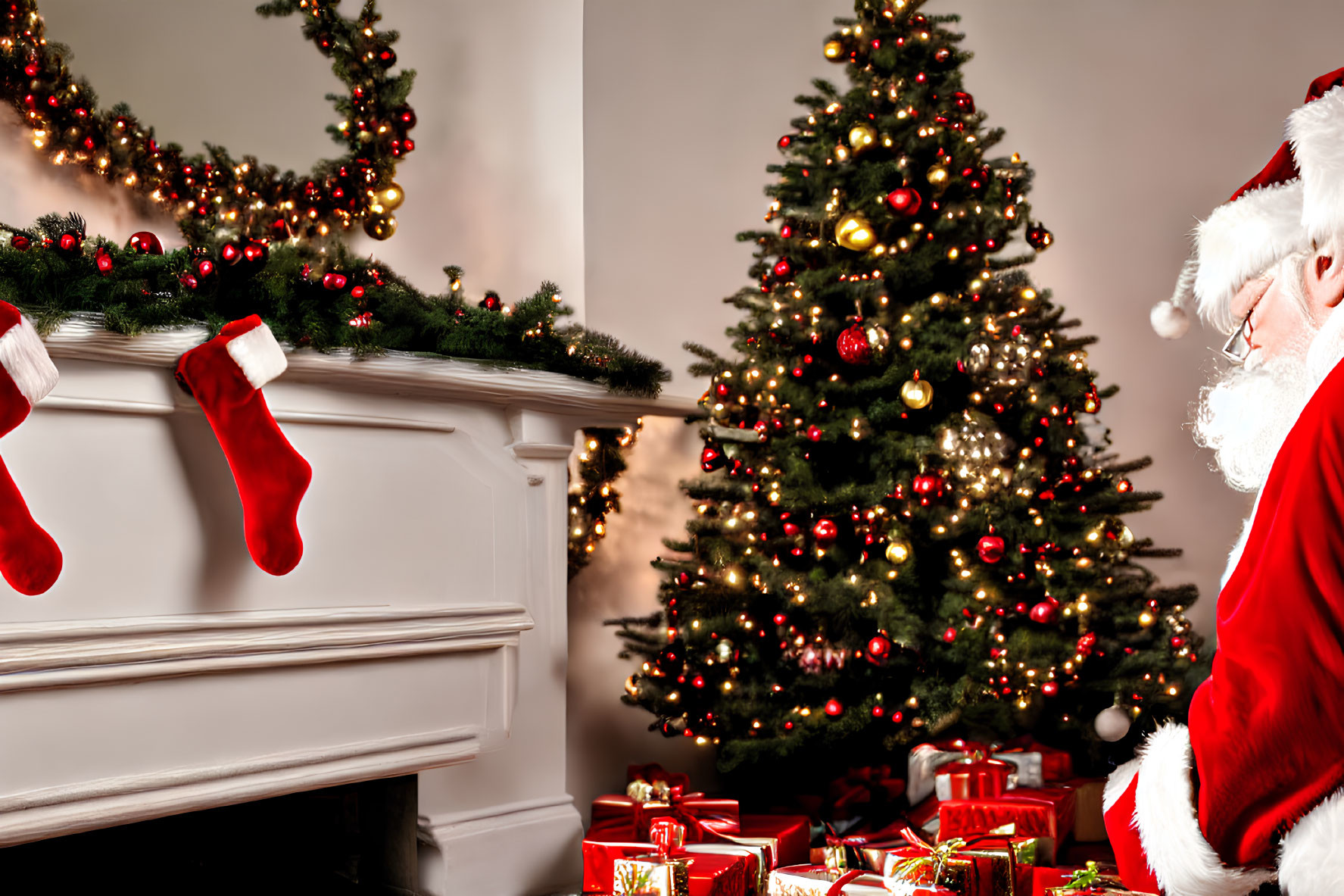 Festive room with Christmas tree, stockings, gifts, and Santa Claus.