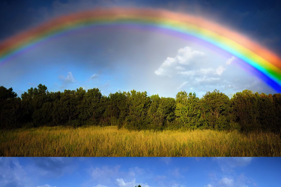 Colorful rainbow over green forest and golden field under cloudy sky