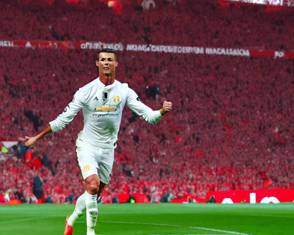 Soccer player in white kit celebrates with cheering crowd