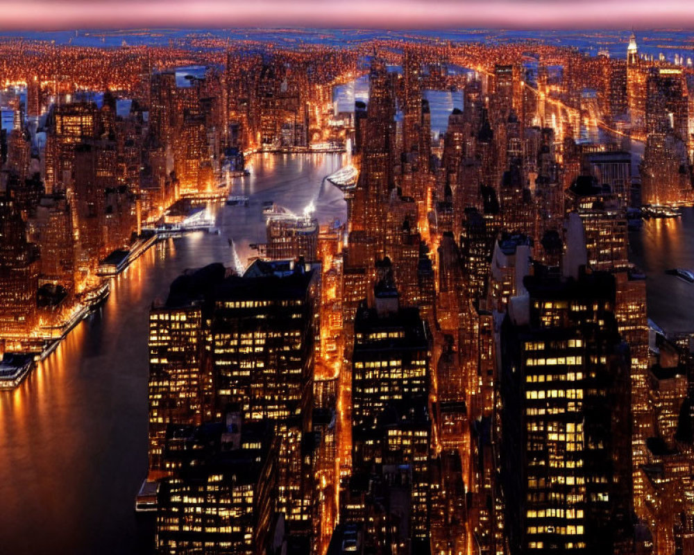 City skyline at dusk with illuminated skyscrapers and water reflections.