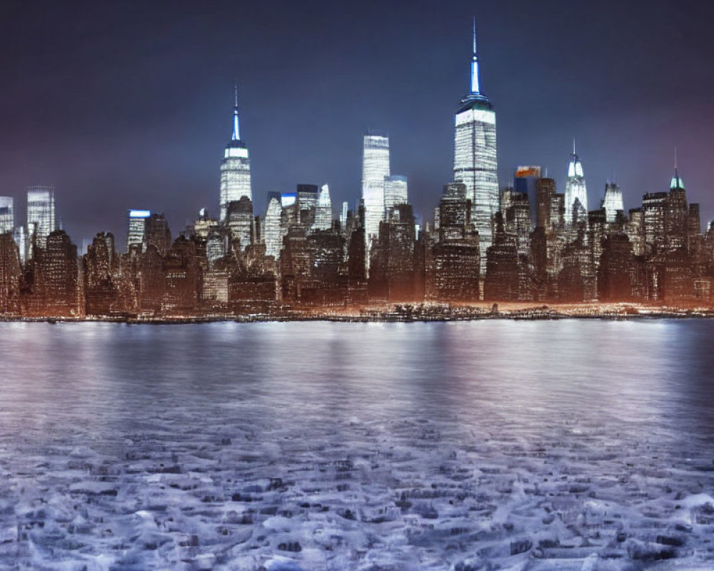 City skyline with illuminated skyscrapers reflected on frozen water