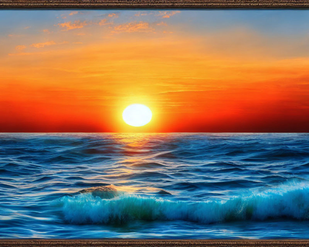 Vibrant ocean sunset with waves, sun, orange and blue sky hues in ornate frame