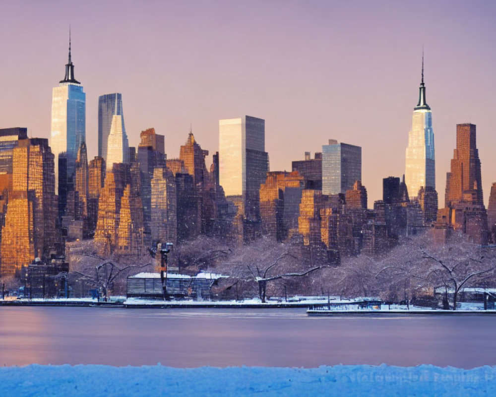 Snow-dusted New York City skyline at winter sunrise