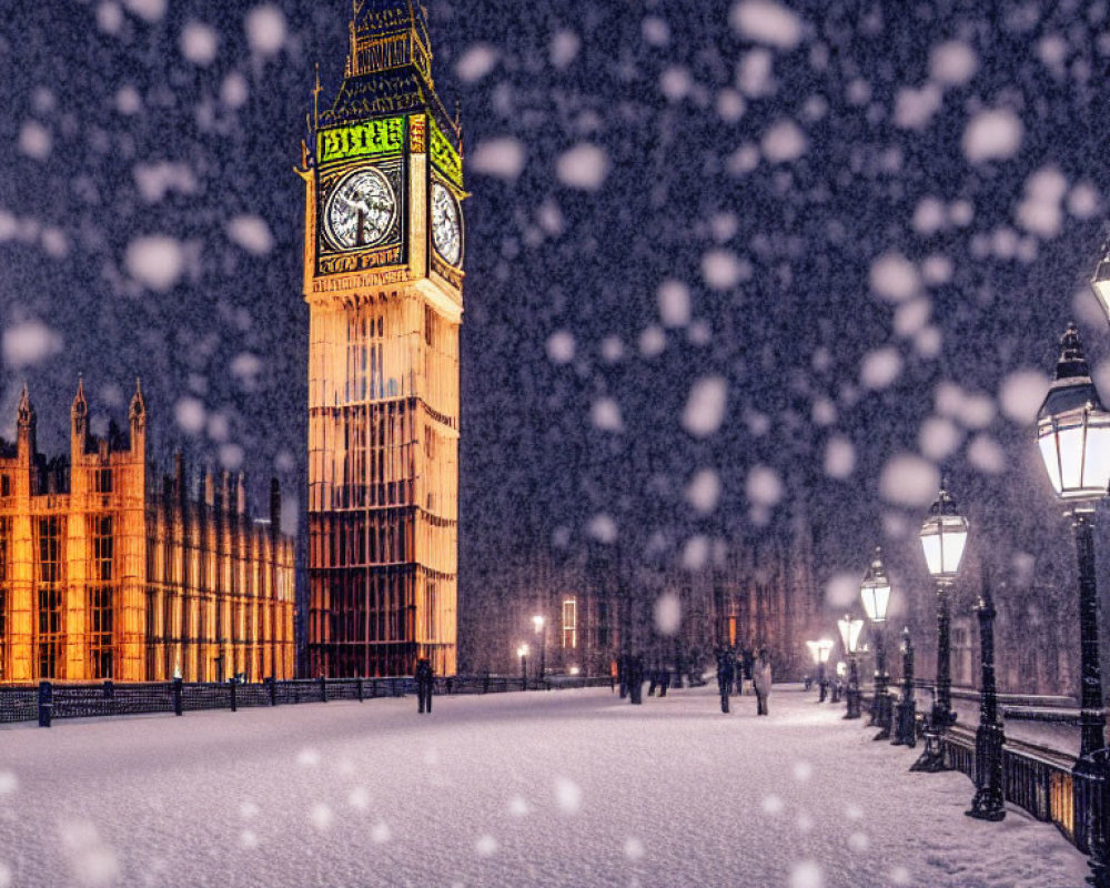 Snowflakes falling around illuminated Big Ben and Houses of Parliament in London at night