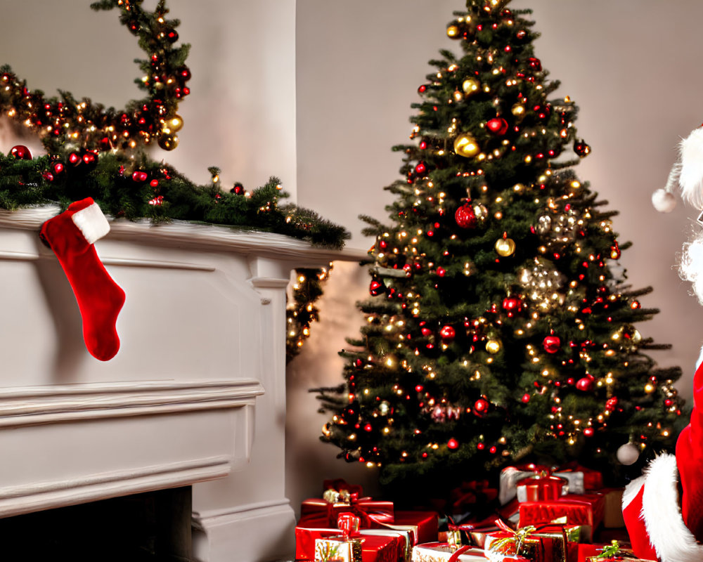 Festive room with Christmas tree, stockings, gifts, and Santa Claus.