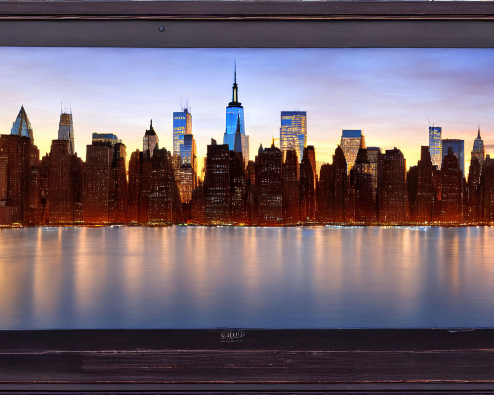 City skyline sunset reflections on water with wooden guardrail.