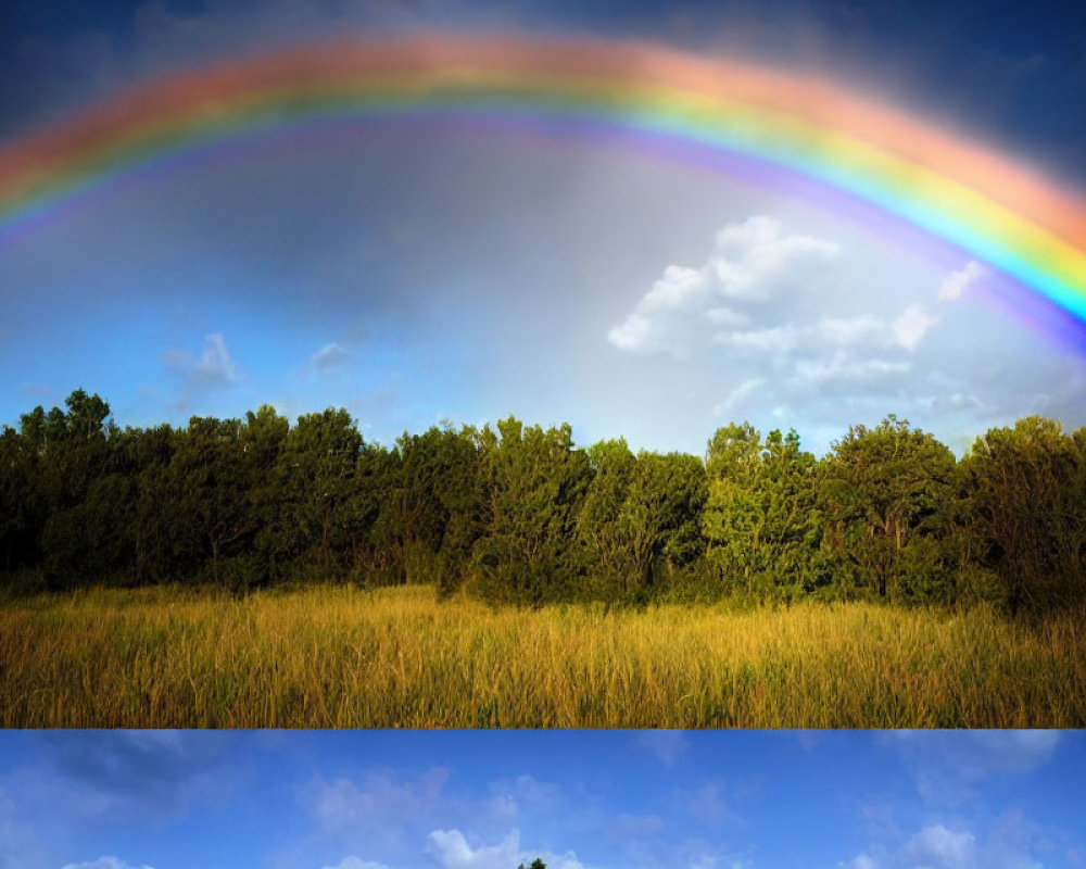 Colorful rainbow over green forest and golden field under cloudy sky