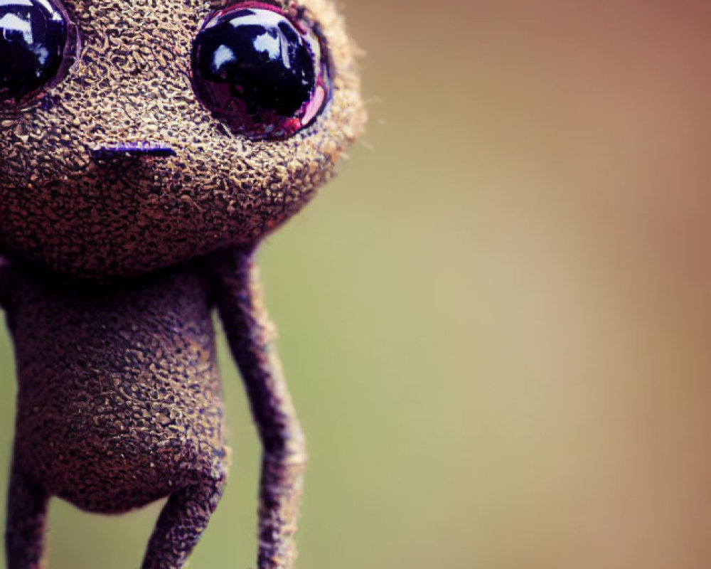 Whimsical textured figurine with shiny eyes on wooden surface