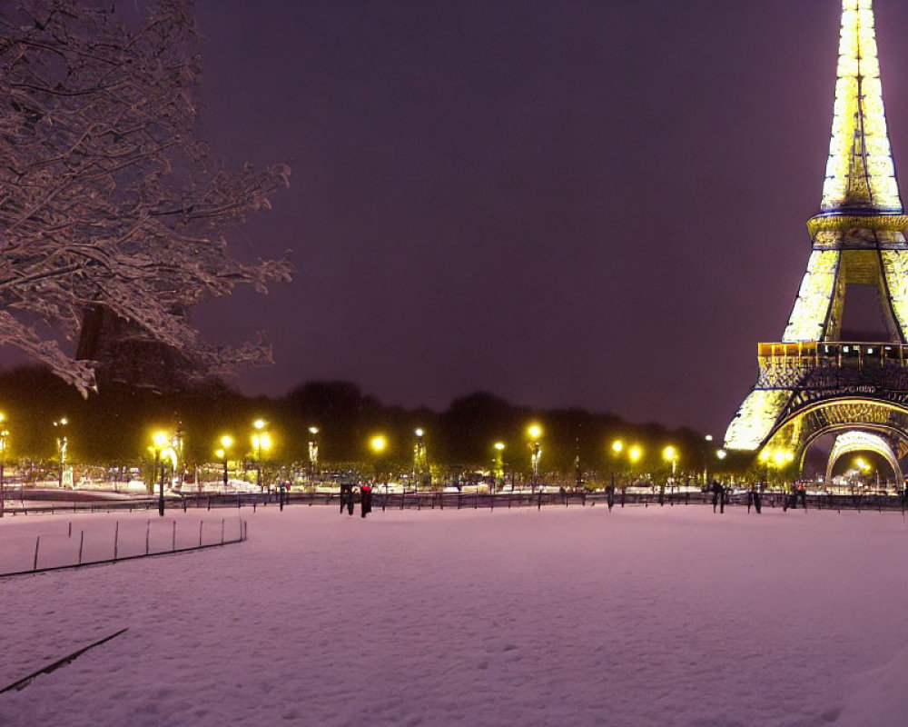 Snow-covered Champ de Mars with illuminated Eiffel Tower at night.