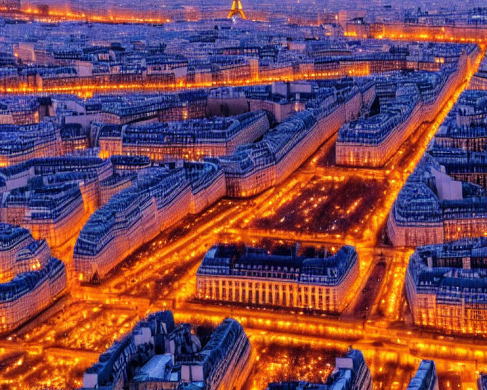 Aerial View of Paris at Dusk with City Lights and Eiffel Tower