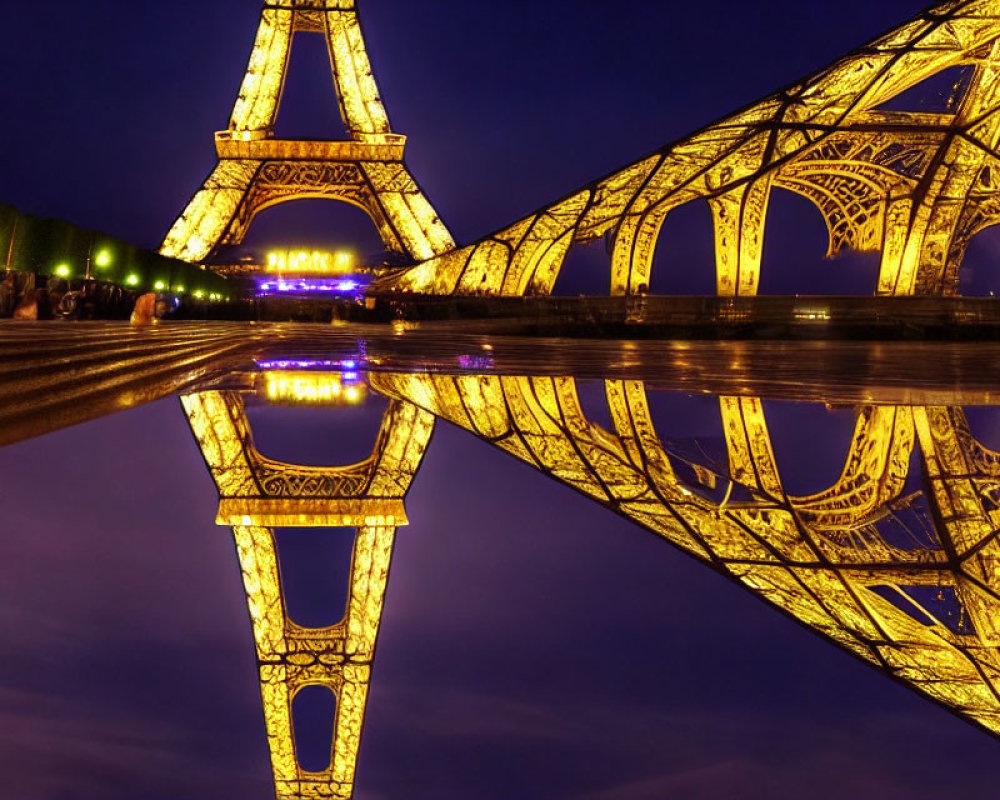 Nighttime Eiffel Tower Reflection in Water with Orange Lights