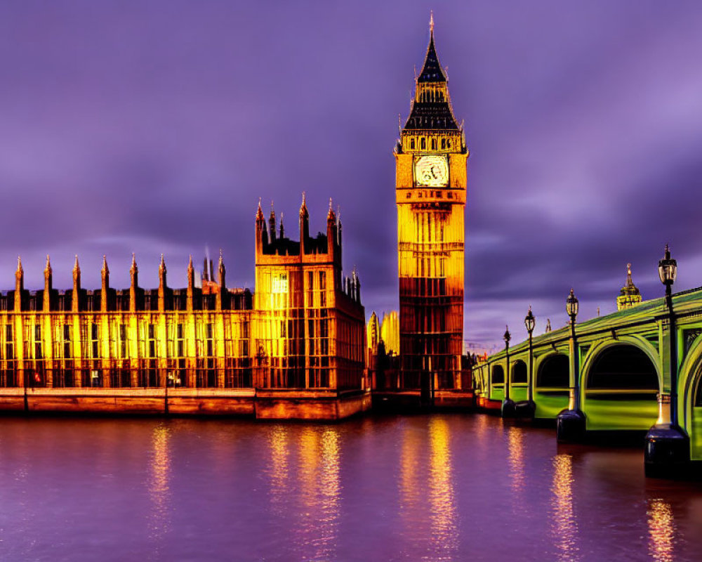 Iconic UK Parliament and Big Ben by Thames River at night with Westminster Bridge under purple sky