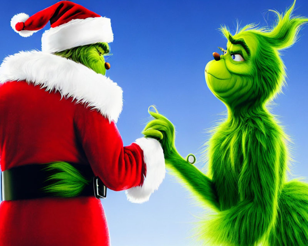 Santa Claus and green furry character meet under blue sky