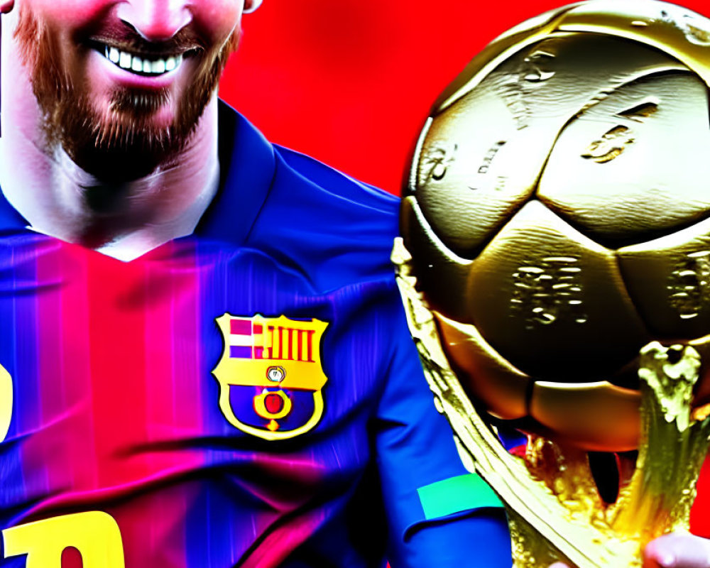 Digital art of smiling soccer player with trophy in Barcelona jersey