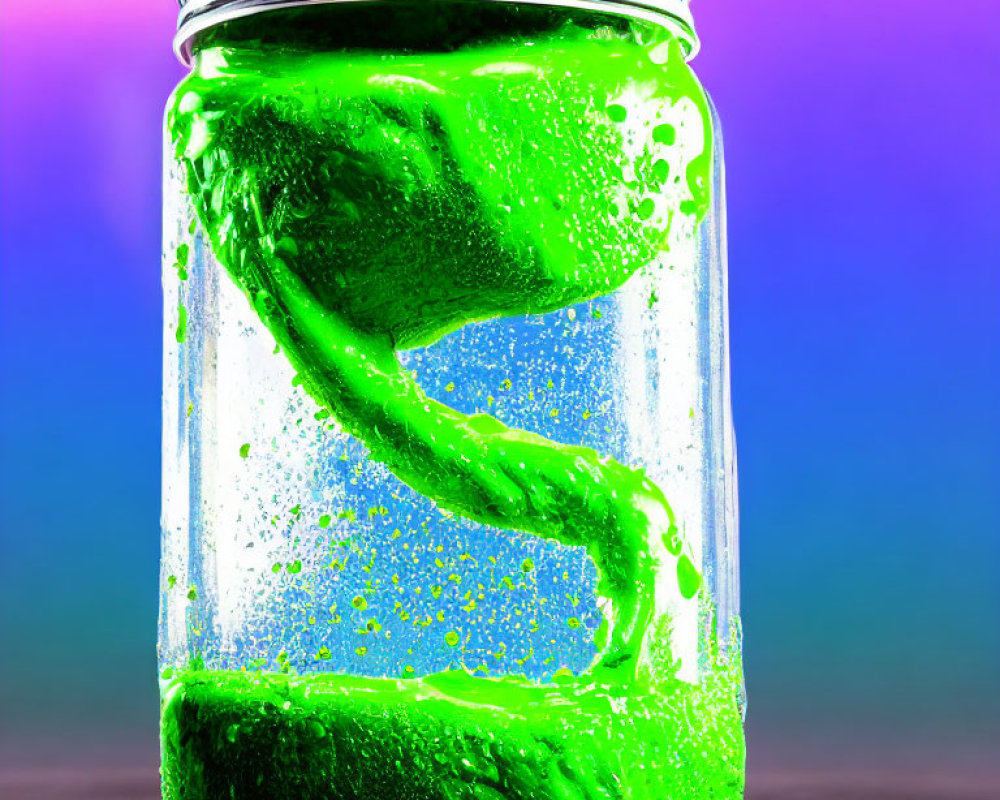 Glass Jar with Glowing Green Slime on Purple and Blue Gradient Background