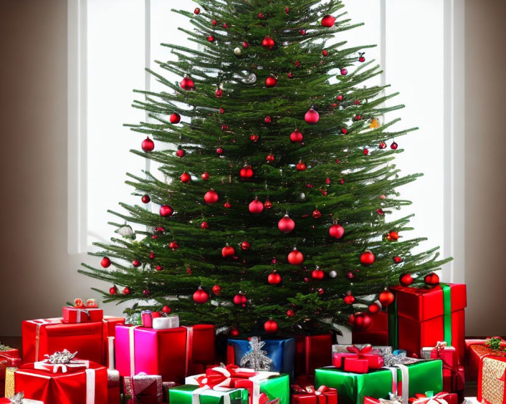 Festive Christmas tree with red ornaments and gifts in room