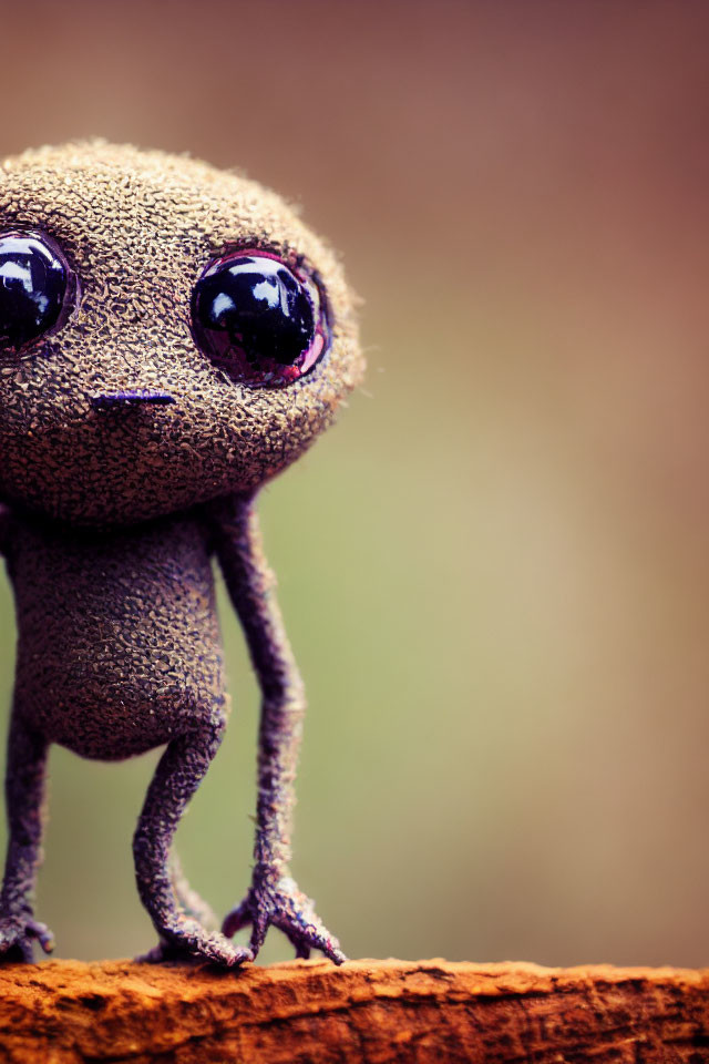 Whimsical textured figurine with shiny eyes on wooden surface