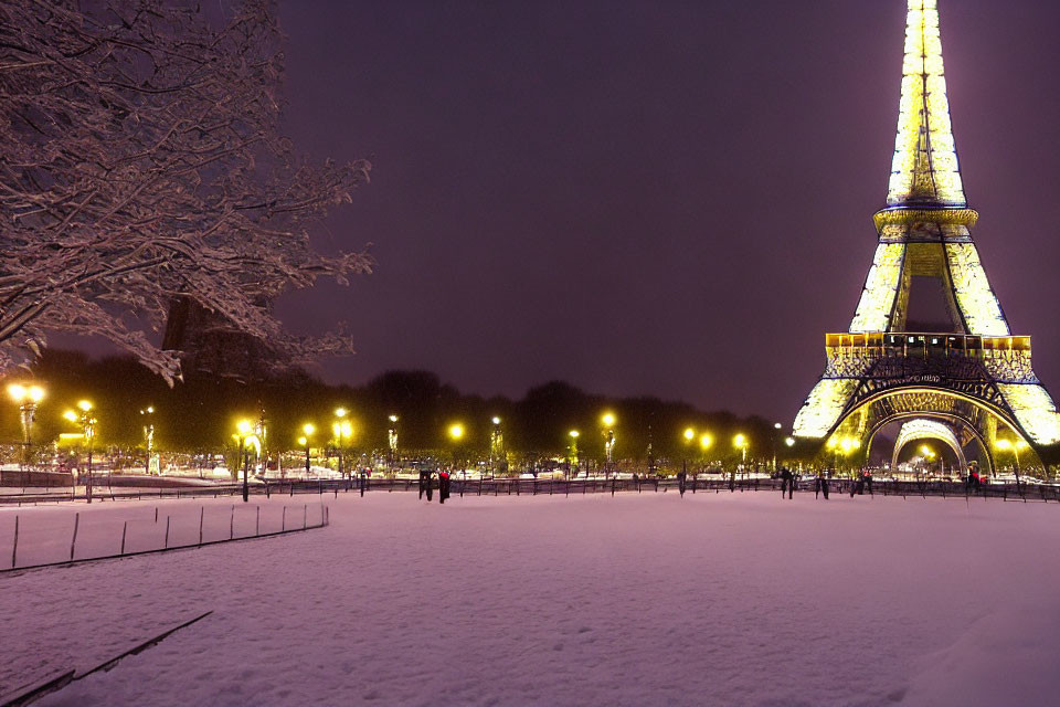 Snow-covered Champ de Mars with illuminated Eiffel Tower at night.