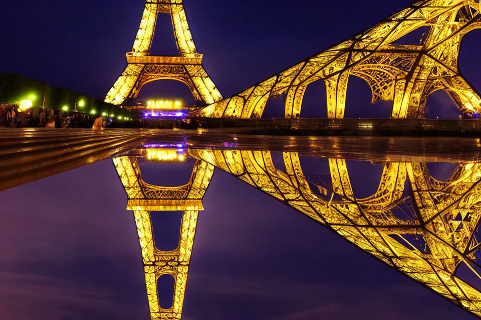 Nighttime Eiffel Tower Reflection in Water with Orange Lights