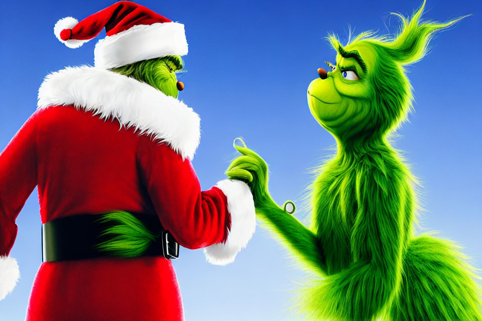 Santa Claus and green furry character meet under blue sky