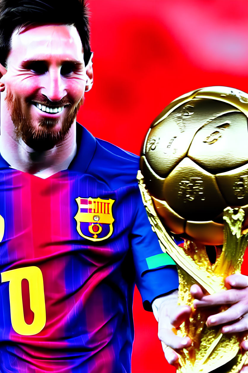 Digital art of smiling soccer player with trophy in Barcelona jersey