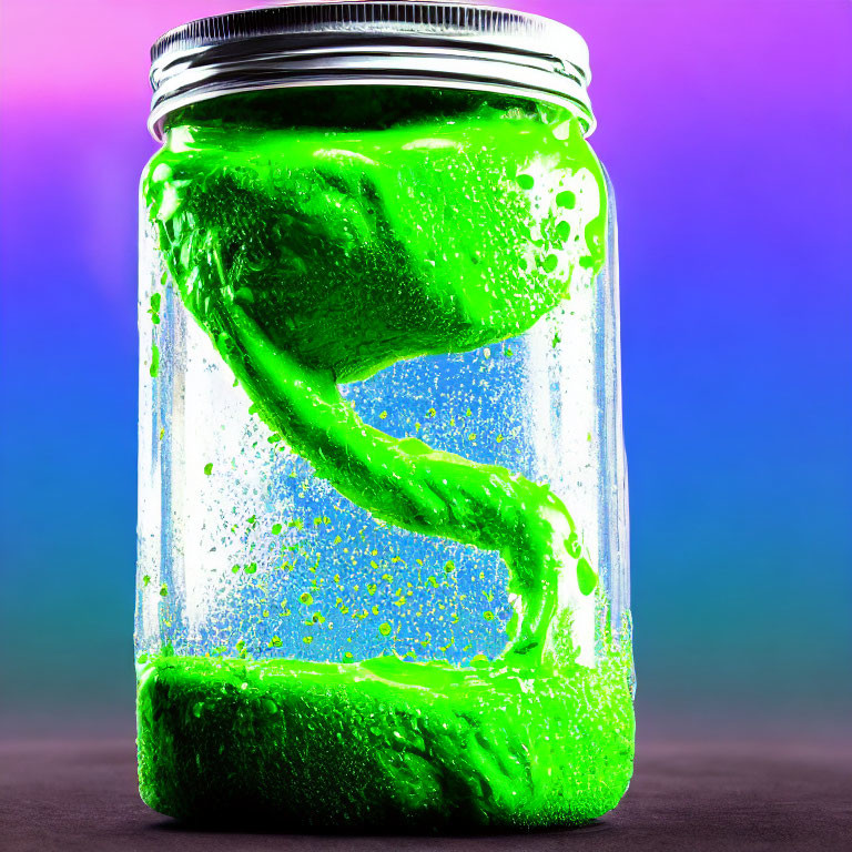 Glass Jar with Glowing Green Slime on Purple and Blue Gradient Background