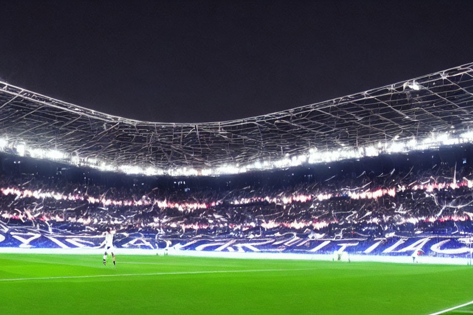 Expansive nighttime stadium with large crowd and illuminated soccer field