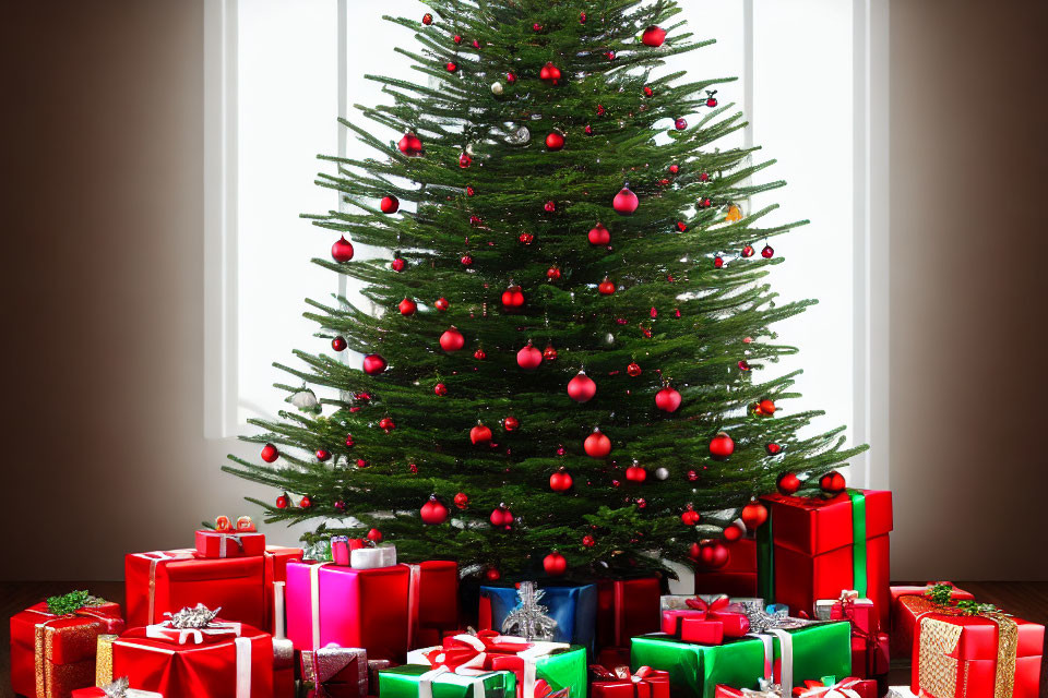 Festive Christmas tree with red ornaments and gifts in room