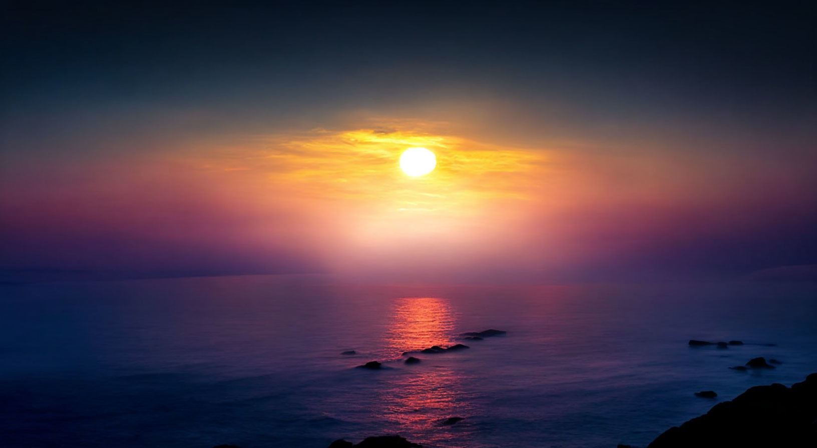 Tranquil sunset scene with vibrant sky over calm ocean