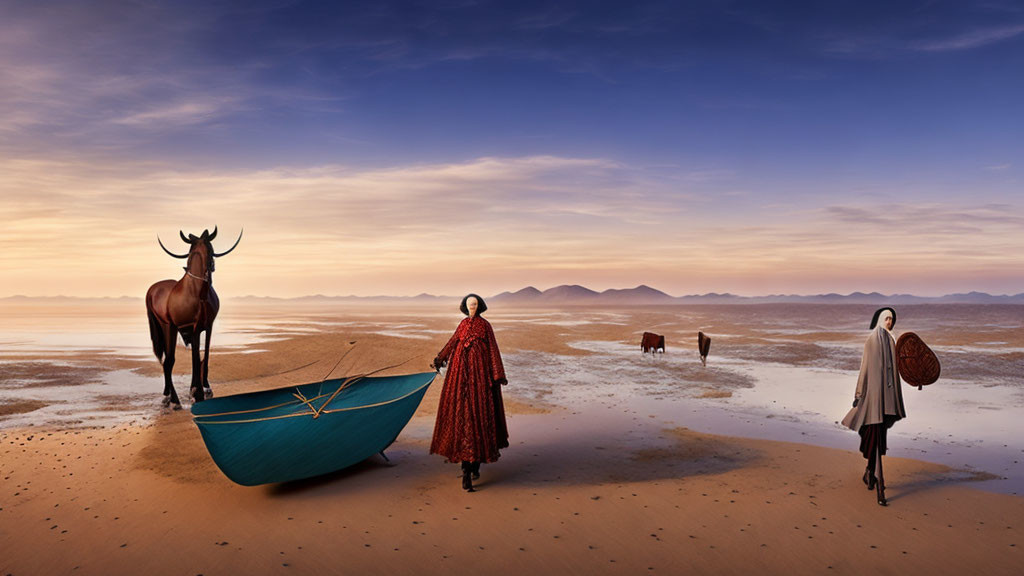 Surreal desert plain: two people, eland, boat, mountains, clear sky