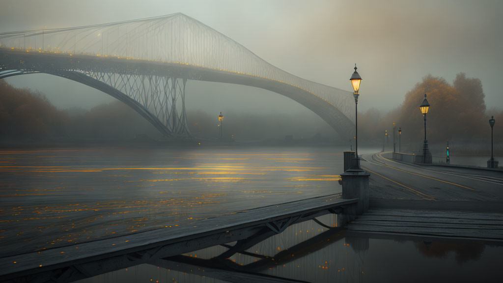 Foggy suspension bridge over calm river with street lamps and wooden walkway