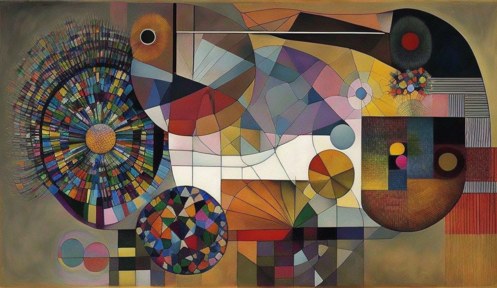 Colorful Geometric Abstract Art with Circles, Squares, and Curving Forms