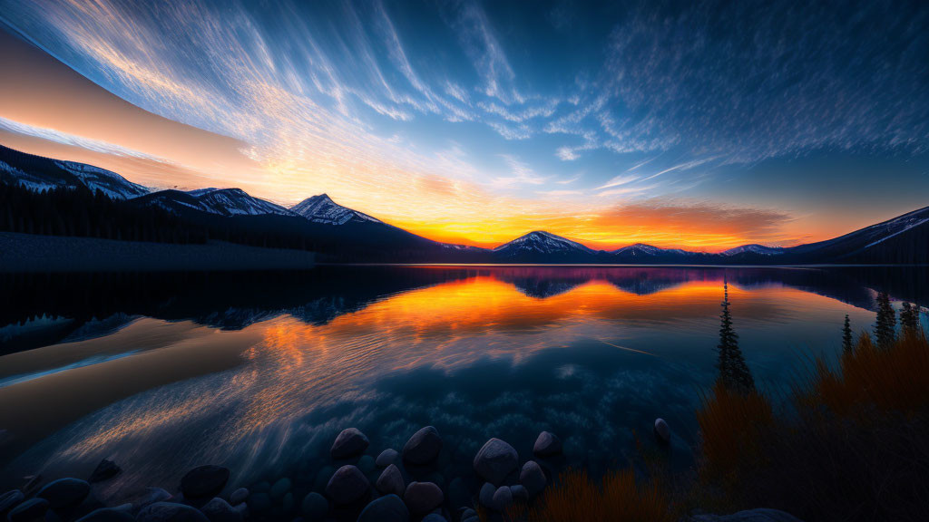 Panoramic sunset over mountain lake with blue and orange skies.