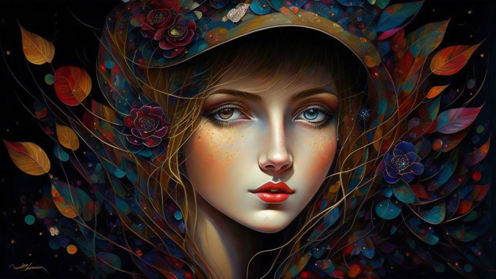 Digital painting of woman with freckles, red lips, hat, colorful leaves, and flowers.