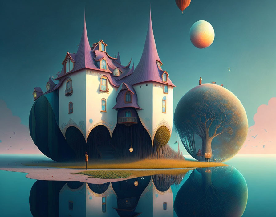 Whimsical fairytale castle with pointy towers on island with tree and planet backdrop