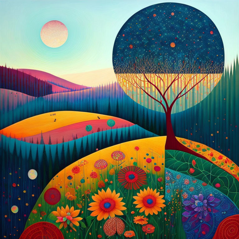 Vibrant celestial tree landscape with starry sky & setting sun