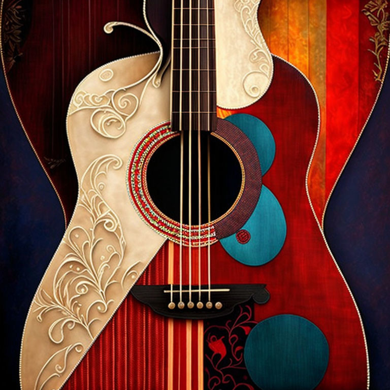 Three ornately designed guitars on colorful striped background