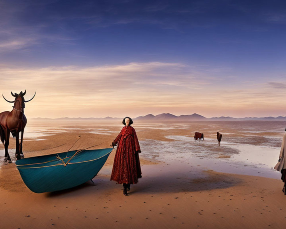 Surreal desert plain: two people, eland, boat, mountains, clear sky