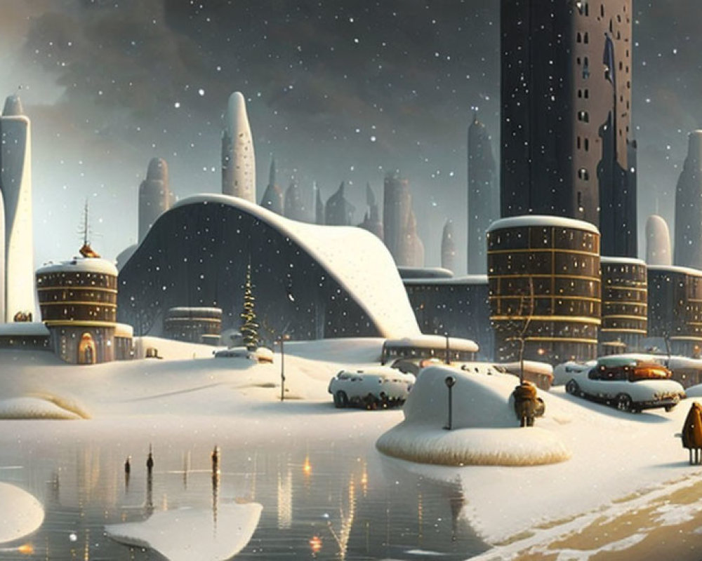 Snow-covered futuristic cityscape with high-rise buildings and person in coat.