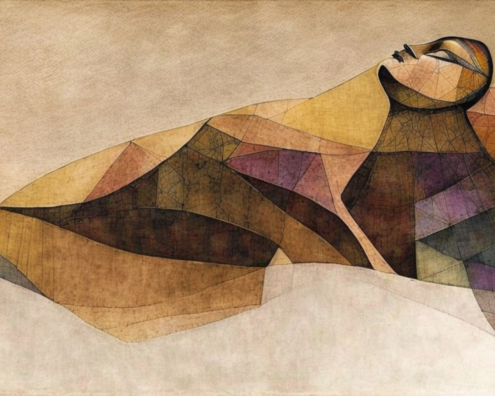 Abstract reclining figure painting with geometric mosaic pattern on textured beige background