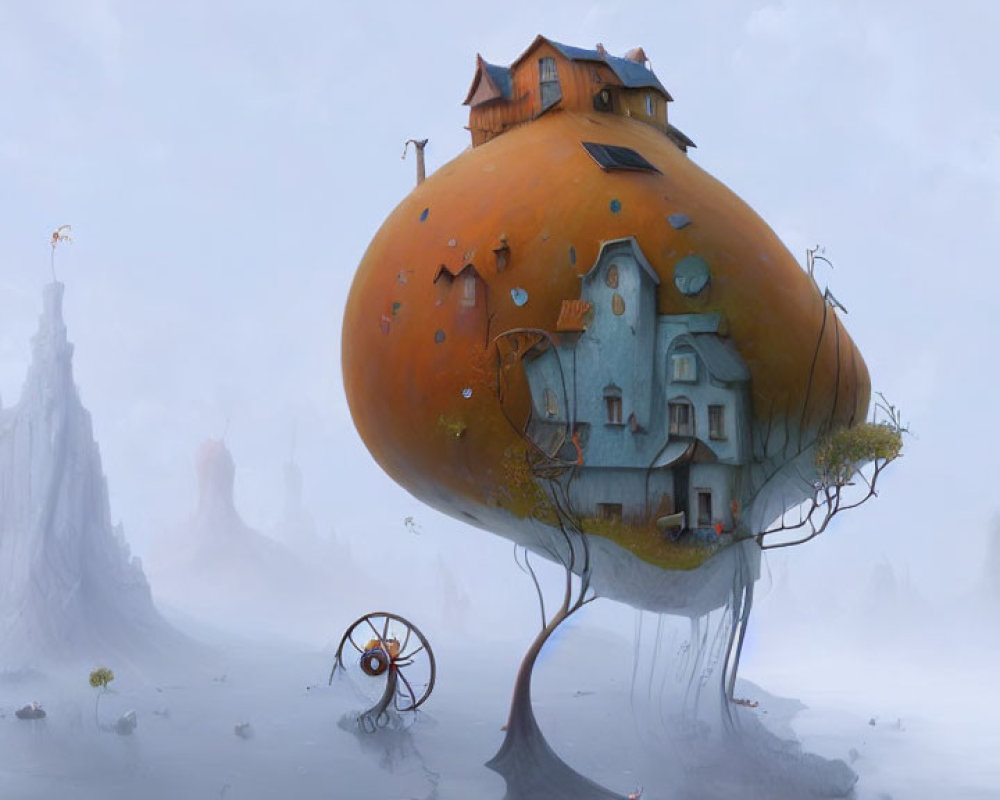 Spherical orange treehouse on slender trunk in misty landscape