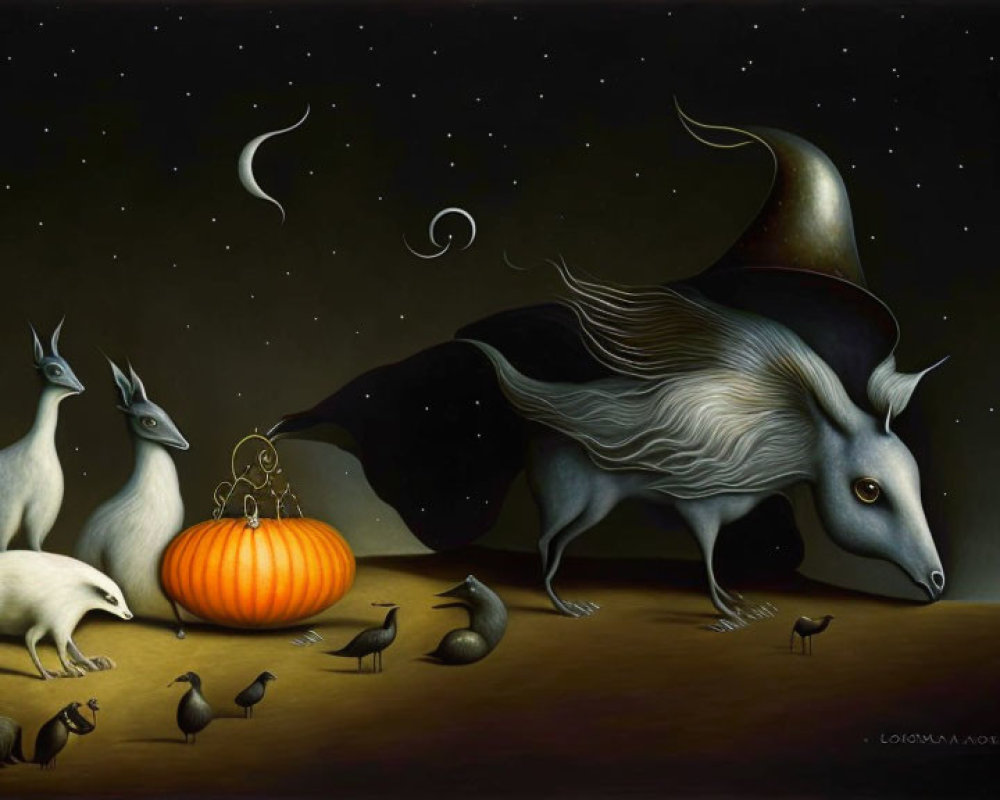 Surreal animal painting: bull, stars, creatures, birds, pumpkin under night sky